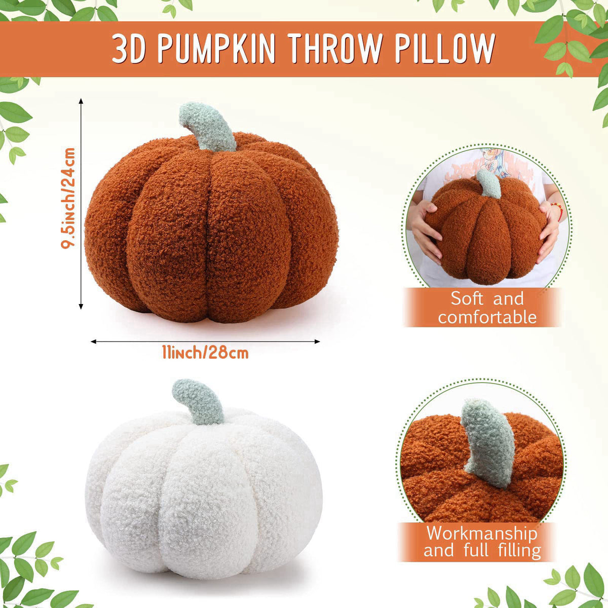 Kajaia 2 Pcs 3D Pumpkin Pillow Fall Decor Halloween Cushions, White, Brown – close-up detail