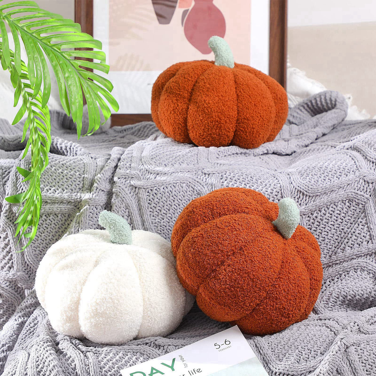Kajaia 2 Pcs 3D Pumpkin Pillow Fall Decor Halloween Cushions, White, Brown – packaging and label