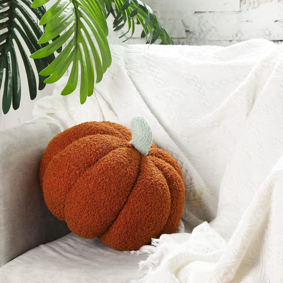 Kajaia 2 Pcs 3D Pumpkin Pillow Fall Decor Halloween Cushions, White, Brown – back view and specifications