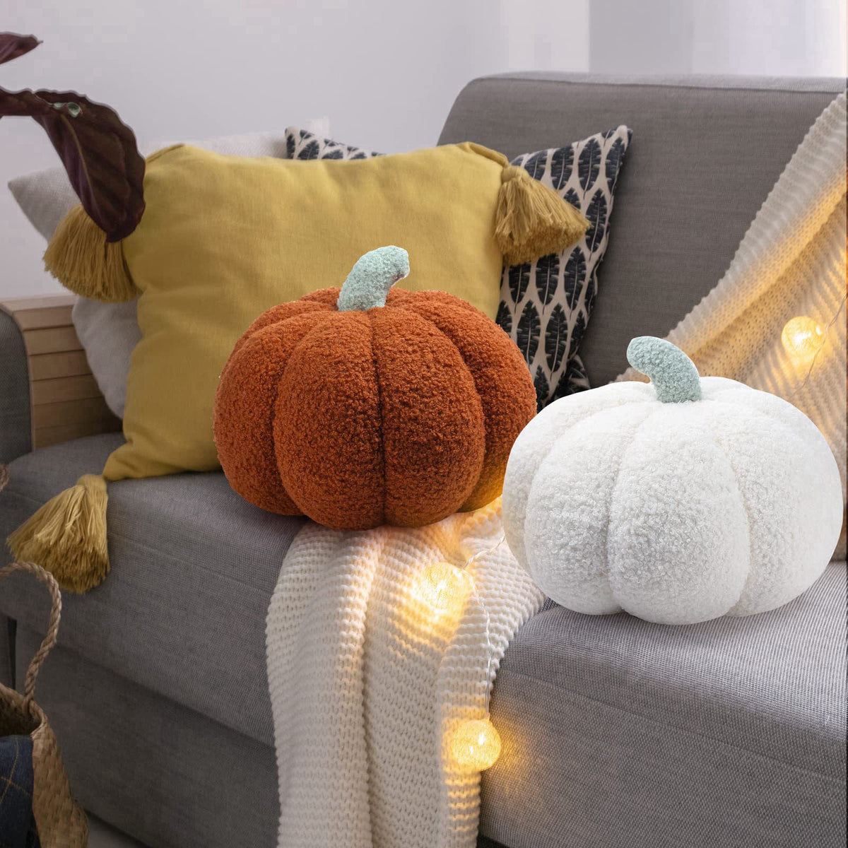 Kajaia 2 Pcs 3D Pumpkin Pillow Fall Decor Halloween Cushions, White, Brown – alternate angle