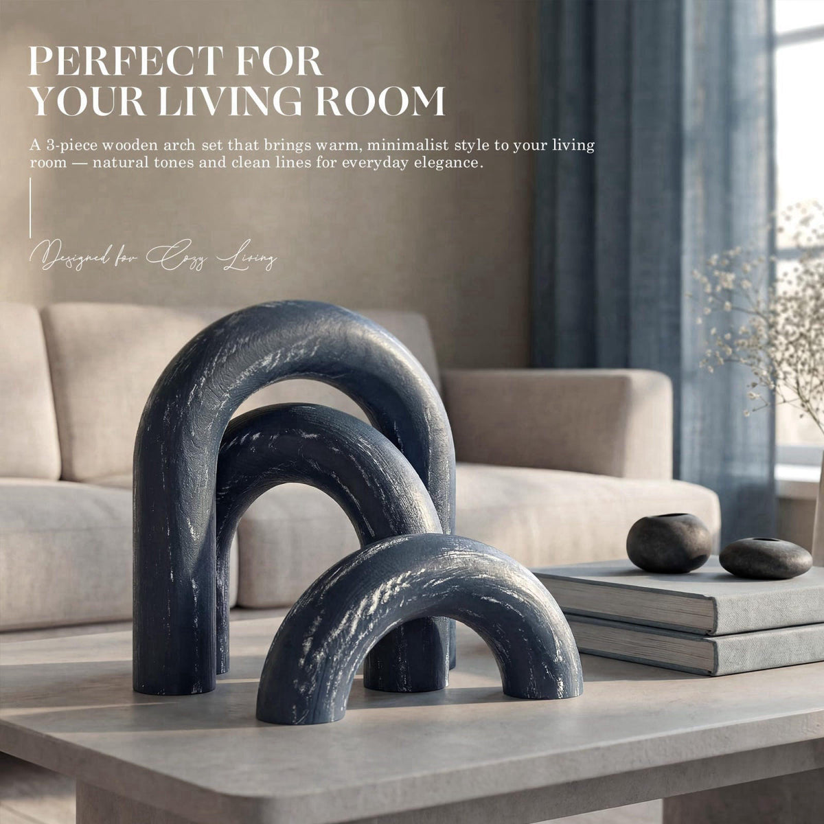 EOSAHR Pine Wood Arch Decor Set: Wood Sculpture for Minimalist Style, Blue – full view, size Medium 5.7x4.7''
