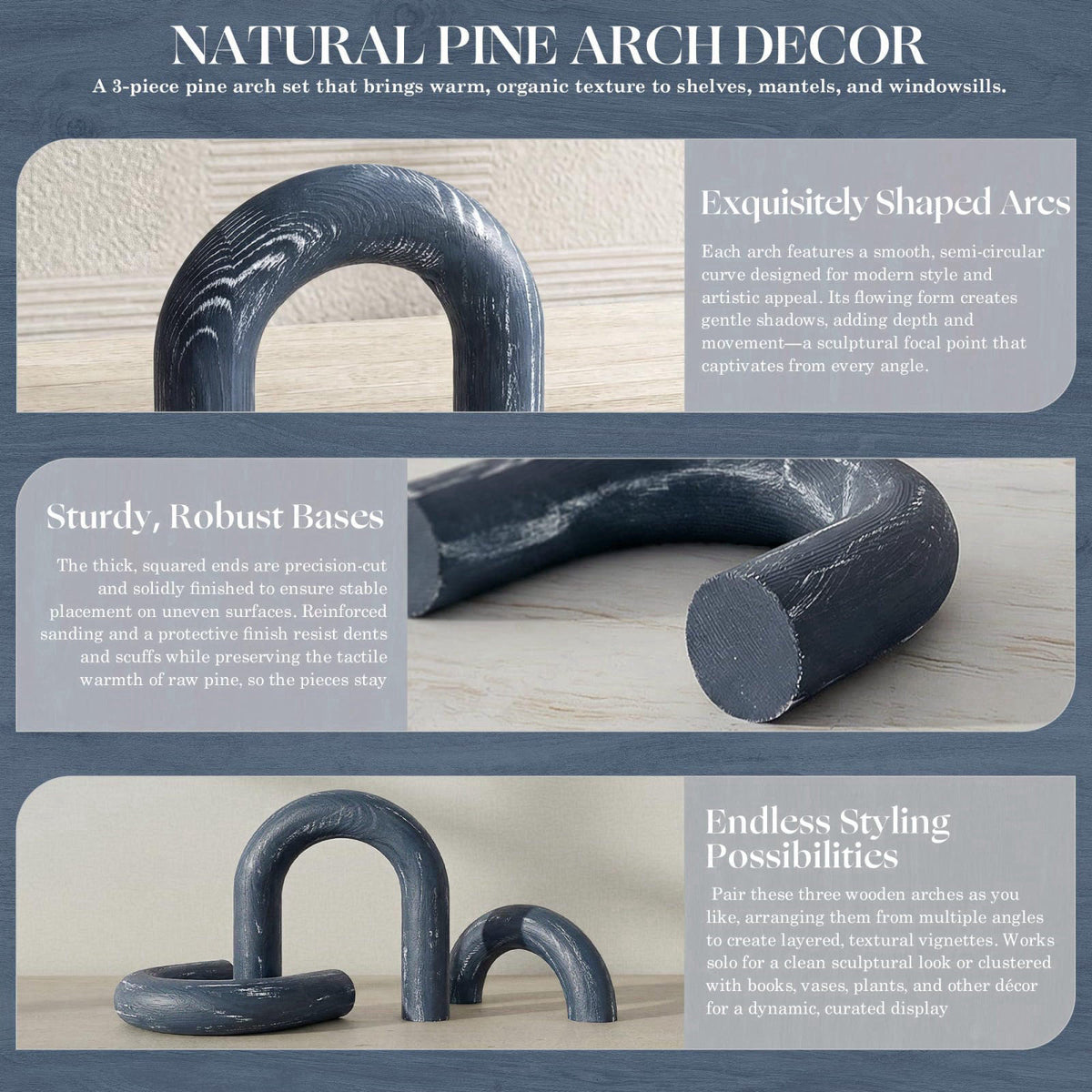 EOSAHR Pine Wood Arch Decor Set: Wood Sculpture for Minimalist Style, Blue – alternate angle