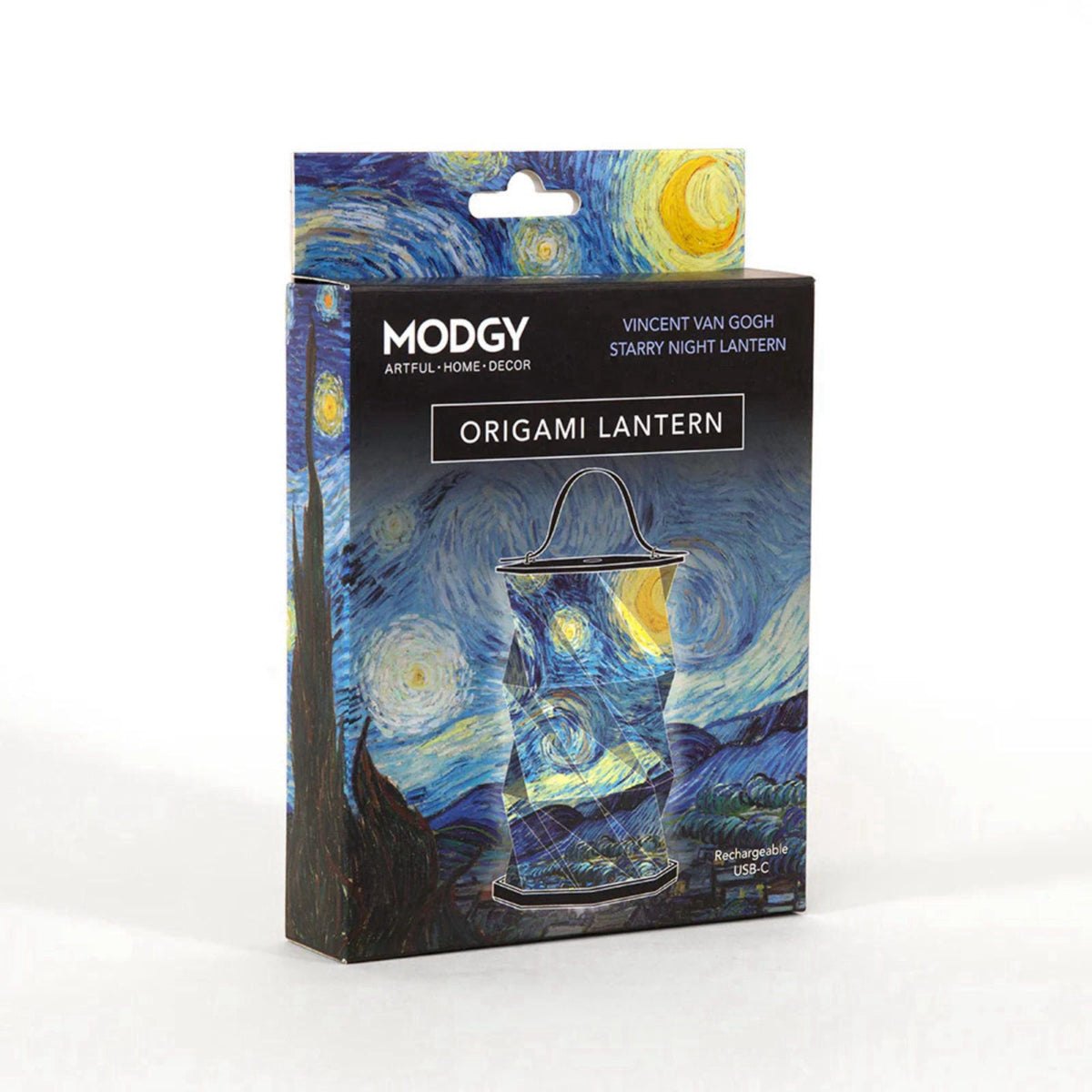 MODGY Starry Night Origami Lantern, Rechargeable LED Decorative Paper Lantern – packaging and label
