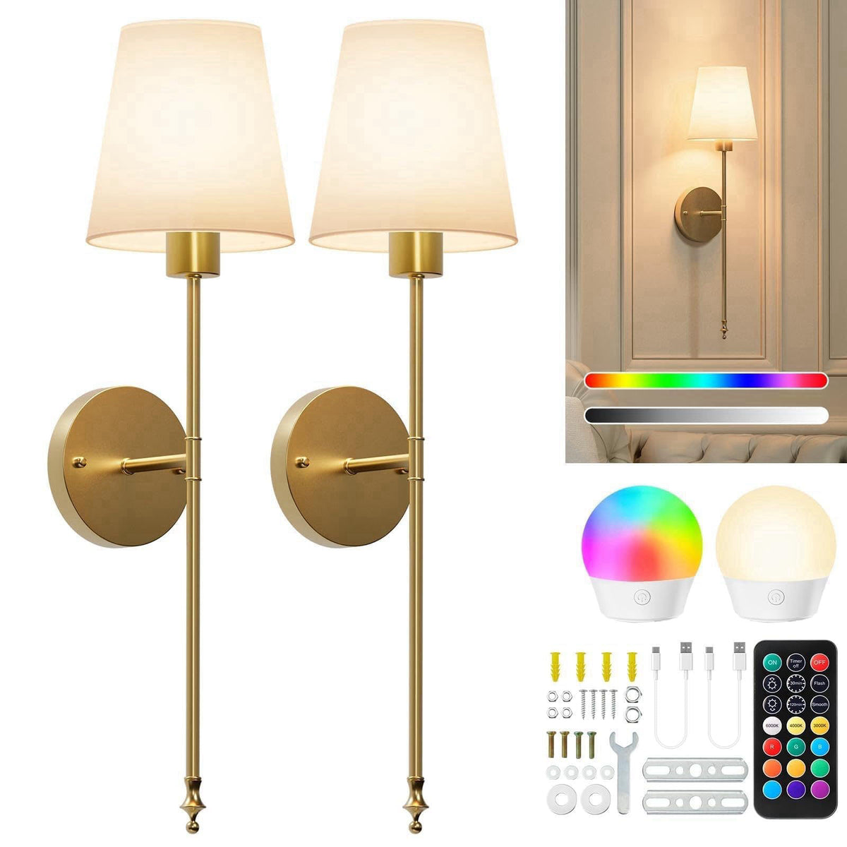 Brightown Battery Operated Wall Sconces Set of Two,Gold Sconces Wall Decor – RGBWW