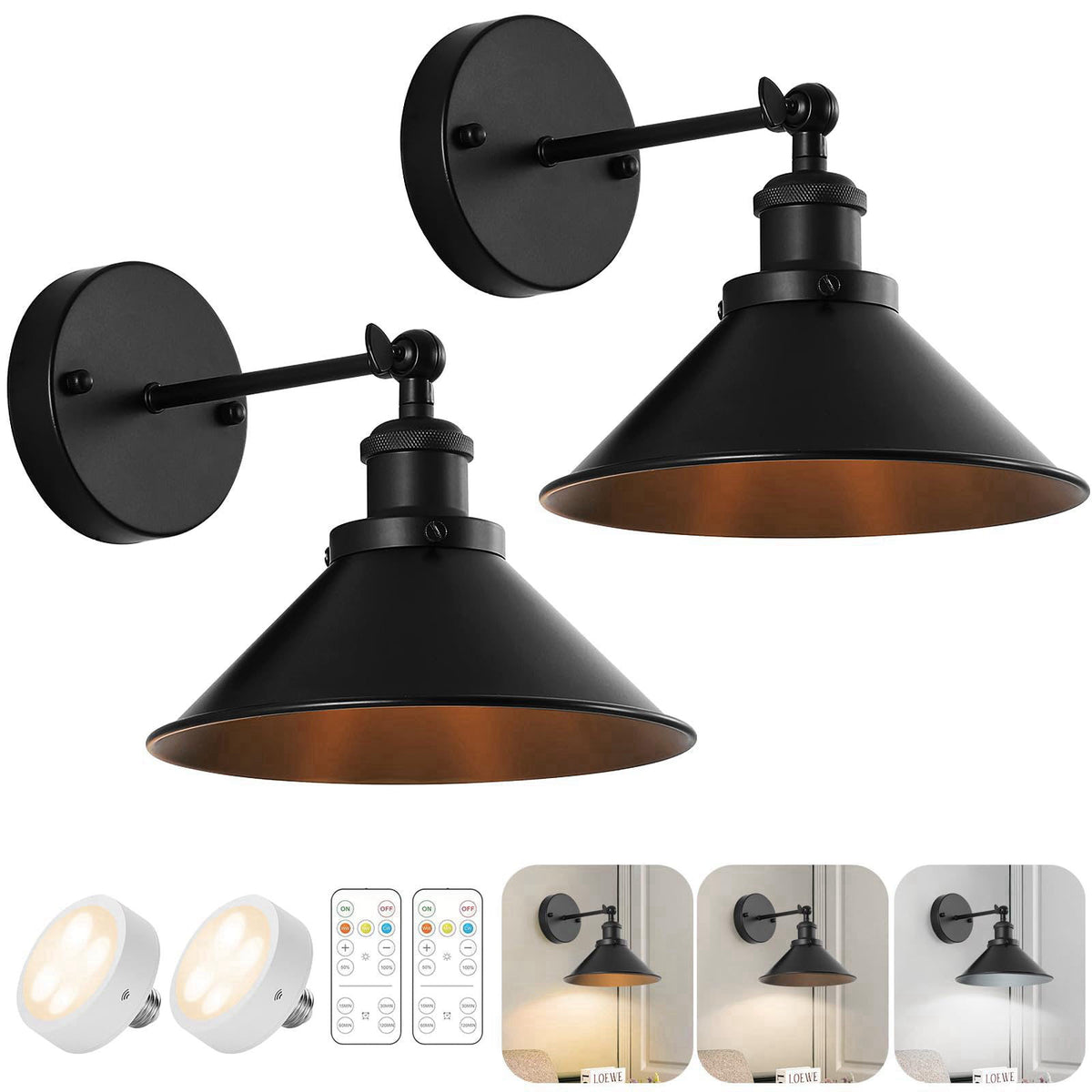 Bailoch Black Vintage Wireless Battery Operated Wall Sconces, Industrial Cordless Battery Powered Led Wall Lights Set of