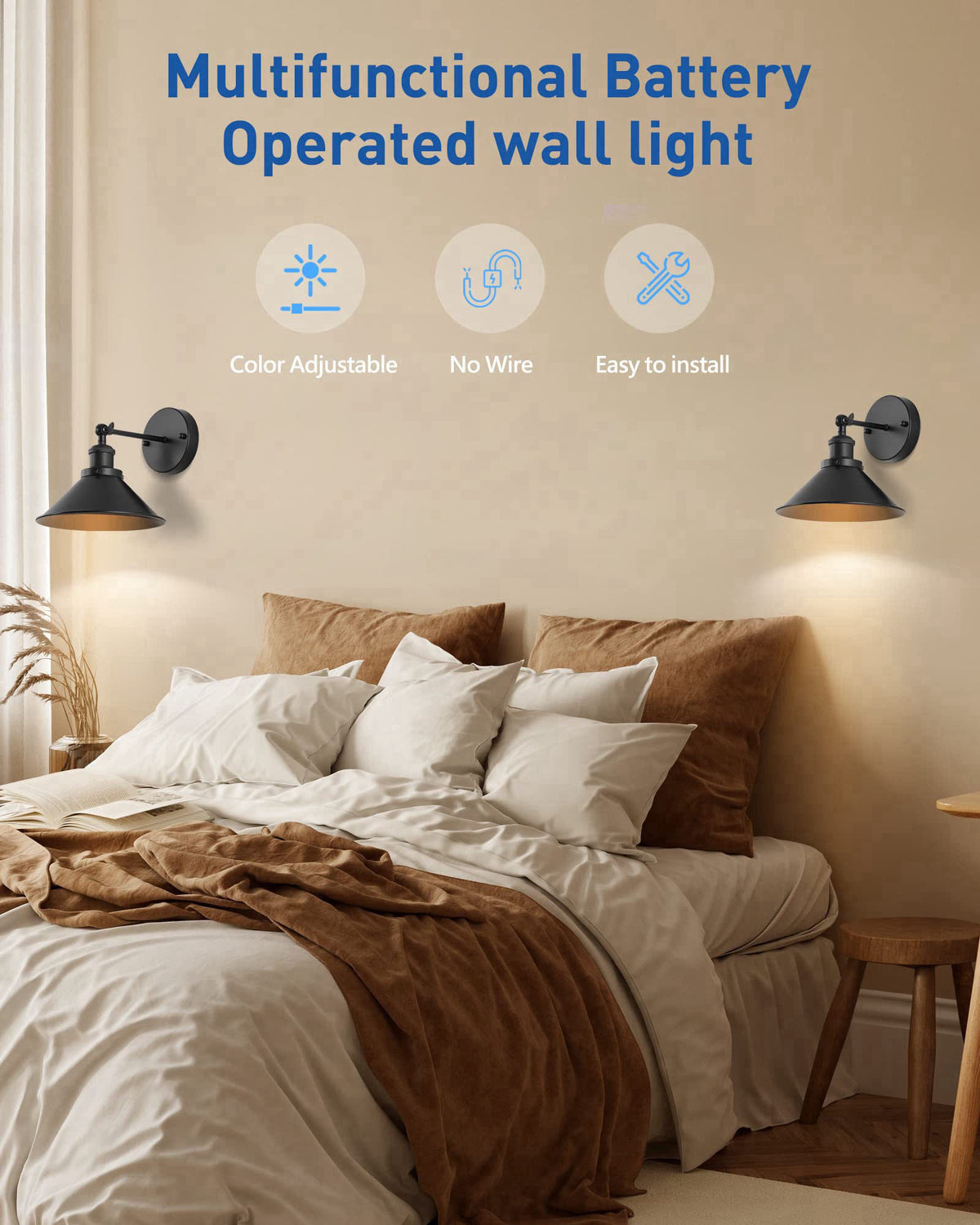 Bailoch Black Vintage Wireless Battery Operated Wall Sconces, Industrial Cordless Battery Powered Led Wall Lights Set of