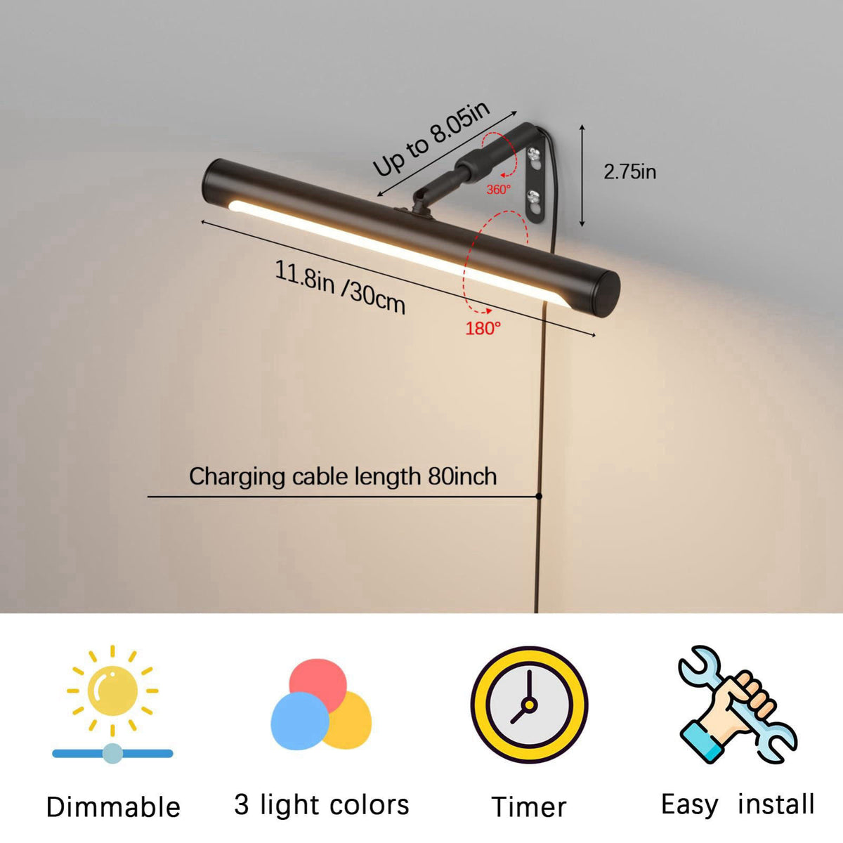 Coinmit 12" Plug in Picture Light 4W Black Art Light with Remote – full view