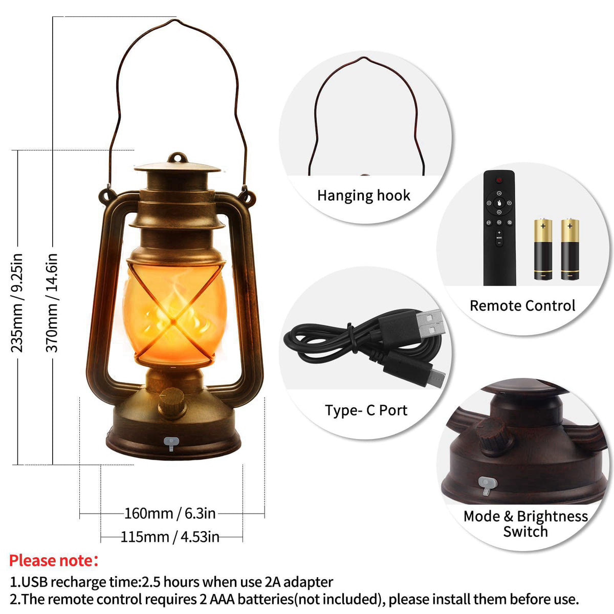 Wondrastical 2 Pack Bronze Vintage 4 Modes Rechargeable Lanterns with Remote Control – full view