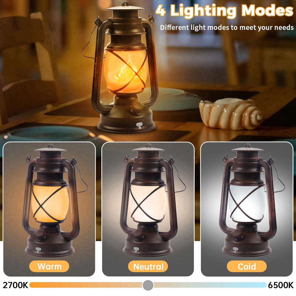 Wondrastical 2 Pack Bronze Vintage 4 Modes Rechargeable Lanterns with Remote Control – back view and specifications