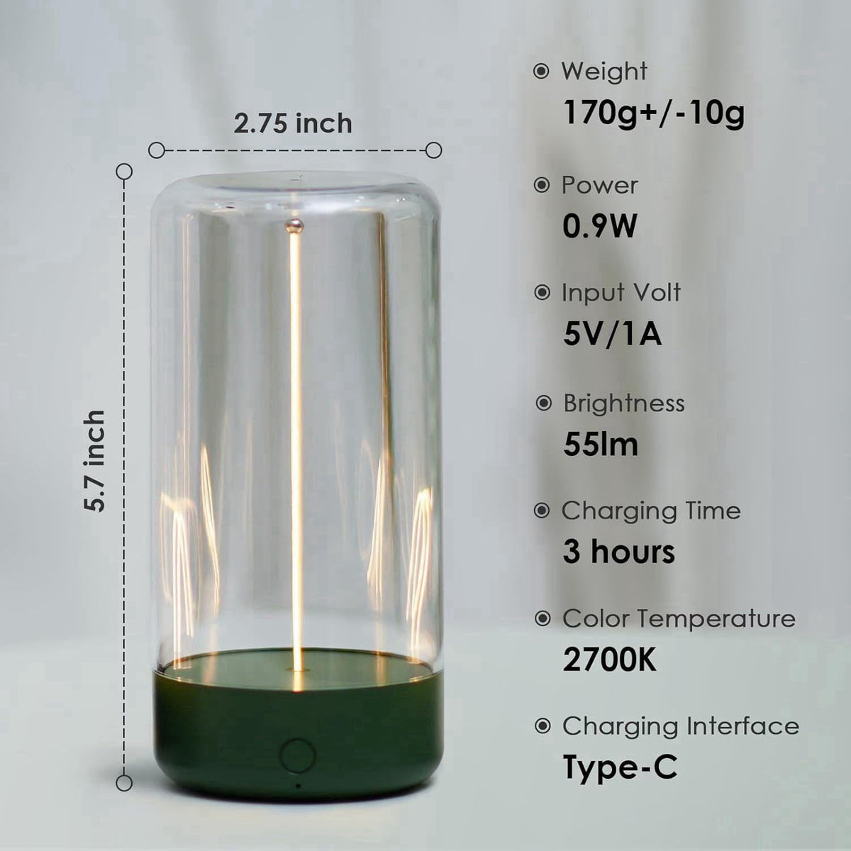 AUGE LIGHT Mini Minimalist Table Lamp, Cordless Lamp, Rechargeable Lamp – back view and specifications
