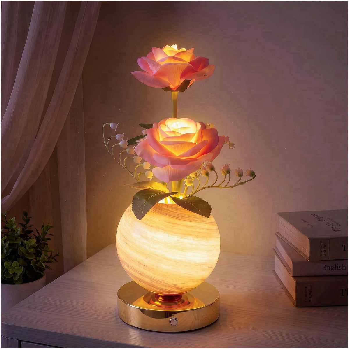 SXDLED Rose Lamp – Rechargeable Wireless Touch-Control Dimmable Faux Flower Desk Light, LED Glass Planet Vase Night Ligh
