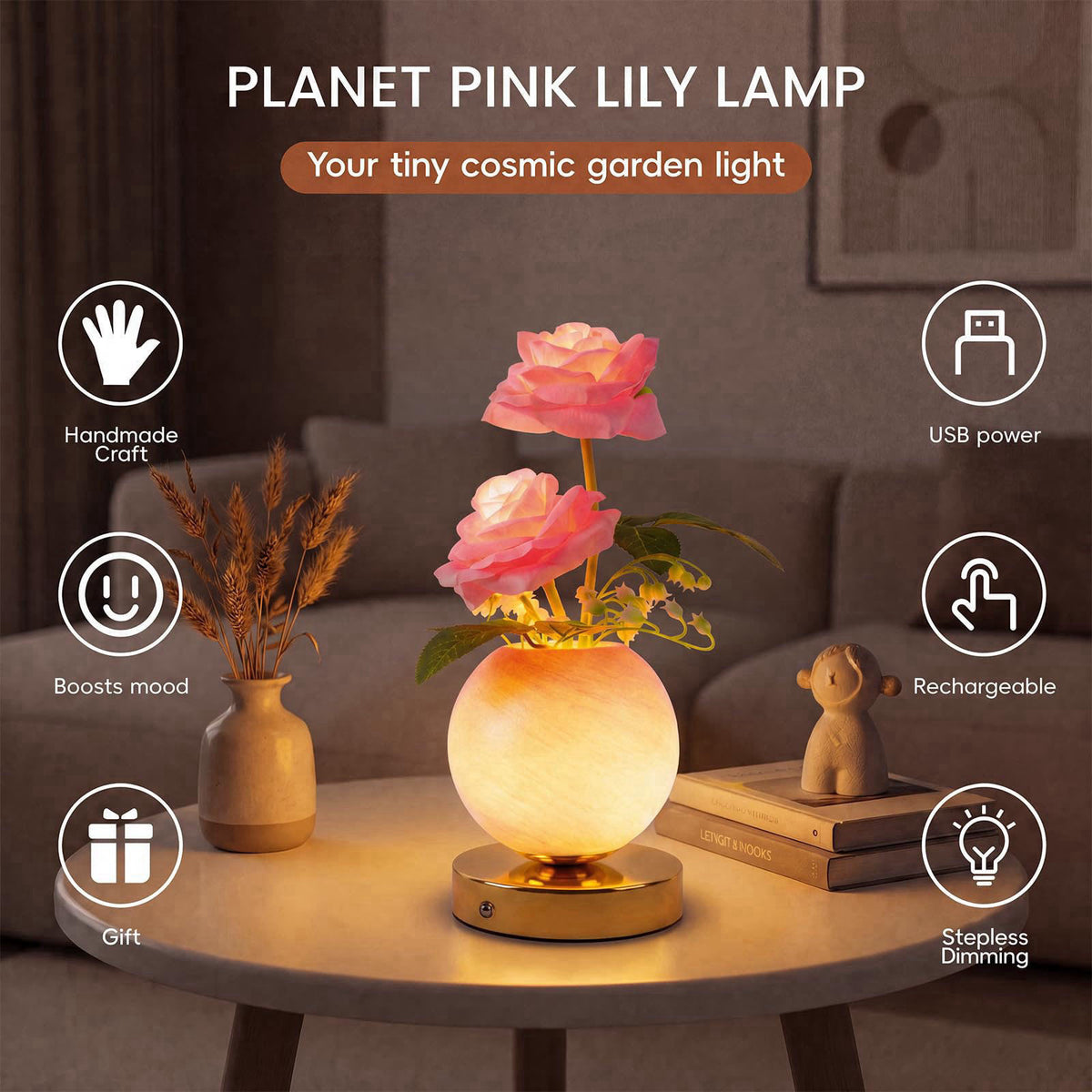 SXDLED Rose Lamp – Rechargeable Wireless Touch-Control Dimmable Faux Flower Desk Light, LED Glass Planet Vase Night Ligh