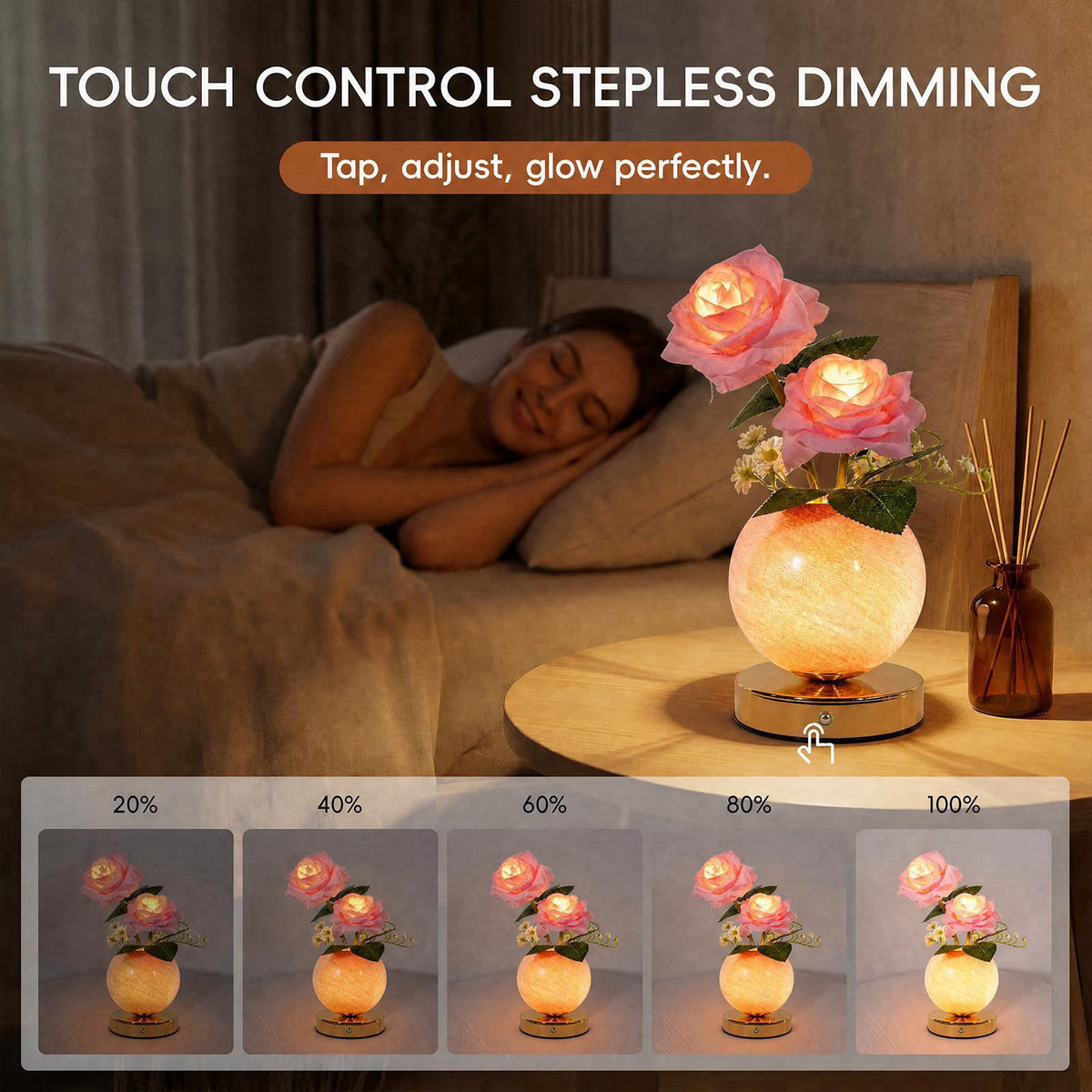 SXDLED Rose Lamp – Rechargeable Wireless Touch-Control Dimmable Faux Flower Desk Light, LED Glass Planet Vase Night Ligh