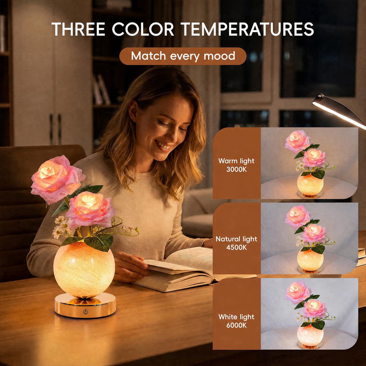 SXDLED Rose Lamp – Rechargeable Wireless Touch-Control Dimmable Faux Flower Desk Light, LED Glass Planet Vase Night Ligh