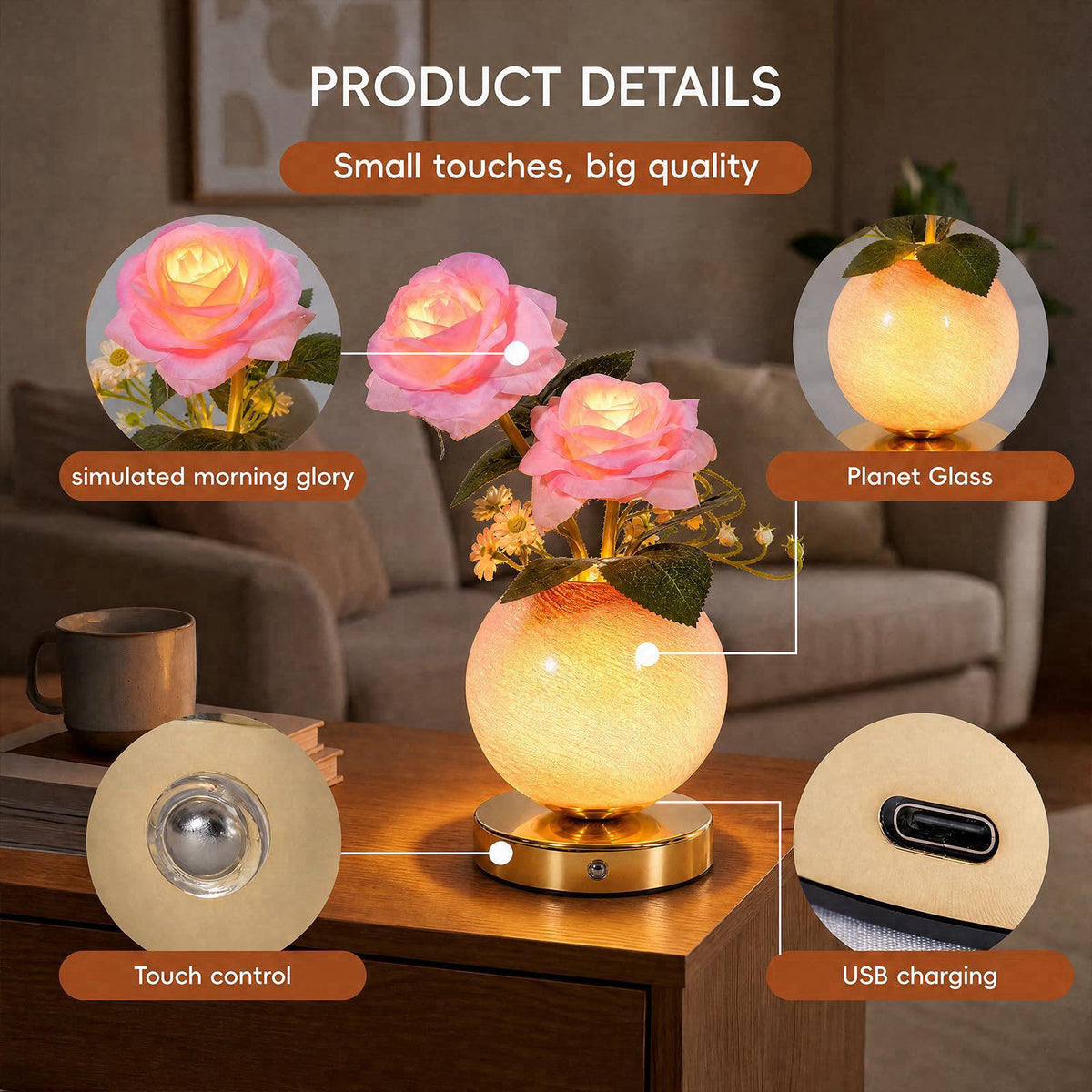 SXDLED Rose Lamp – Rechargeable Wireless Touch-Control Dimmable Faux Flower Desk Light, LED Glass Planet Vase Night Ligh