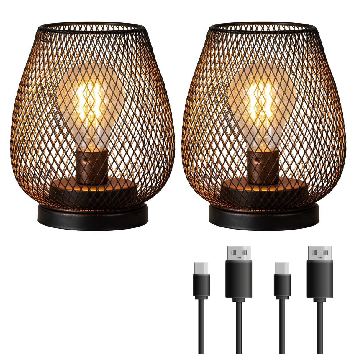 DECORKEY Set of 2 Rechargeable Lamp LED Table Lantern, Brown Metal Cage Cordless Lamps with LED Bulb，Vintage Decorative 