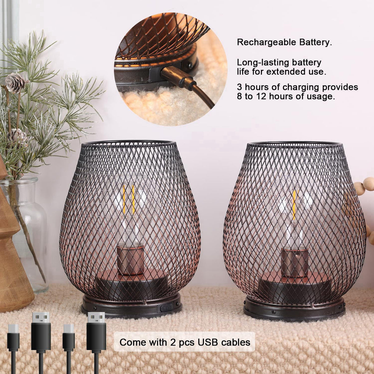 DECORKEY Set of 2 Rechargeable Lamp LED Table Lantern, Brown Metal Cage Cordless Lamps with LED Bulb，Vintage Decorative 