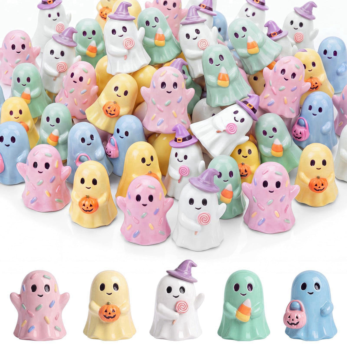 Qunclay 100 Pcs Halloween Ghosts Figurines Decor Pastel Tiny Resin Ghosts