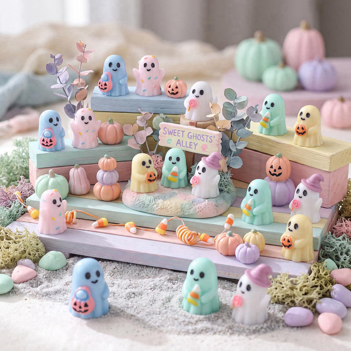 Qunclay 100 Pcs Halloween Ghosts Figurines Decor Pastel Tiny Resin Ghosts – close-up detail