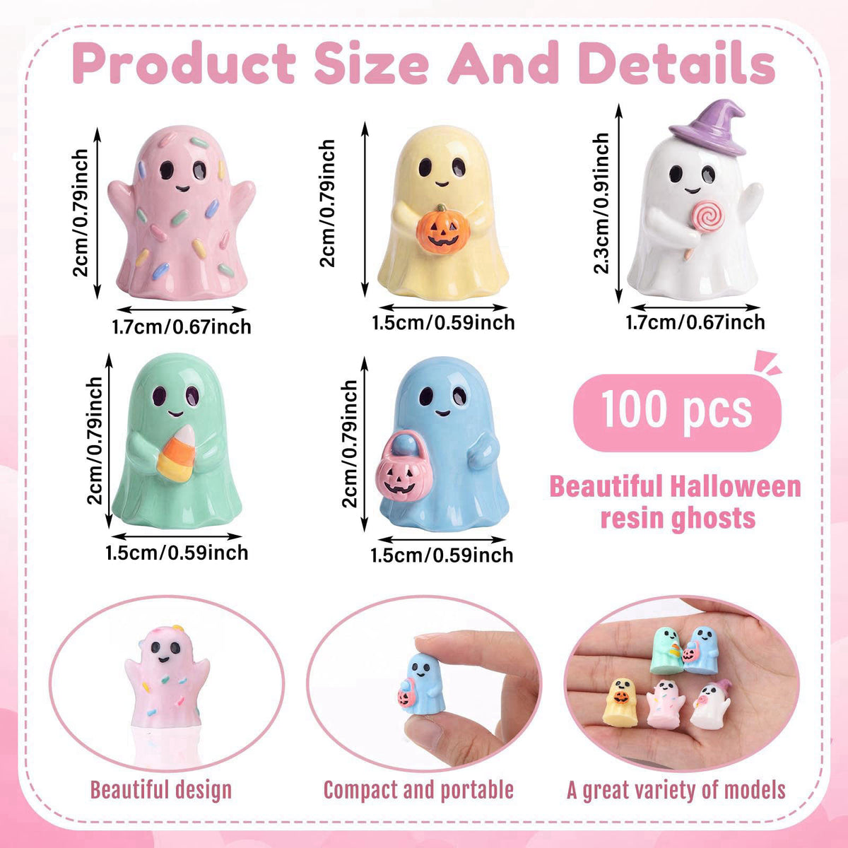 Qunclay 100 Pcs Halloween Ghosts Figurines Decor Pastel Tiny Resin Ghosts – packaging and label