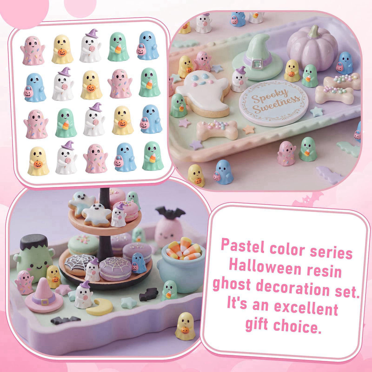 Qunclay 100 Pcs Halloween Ghosts Figurines Decor Pastel Tiny Resin Ghosts – full view