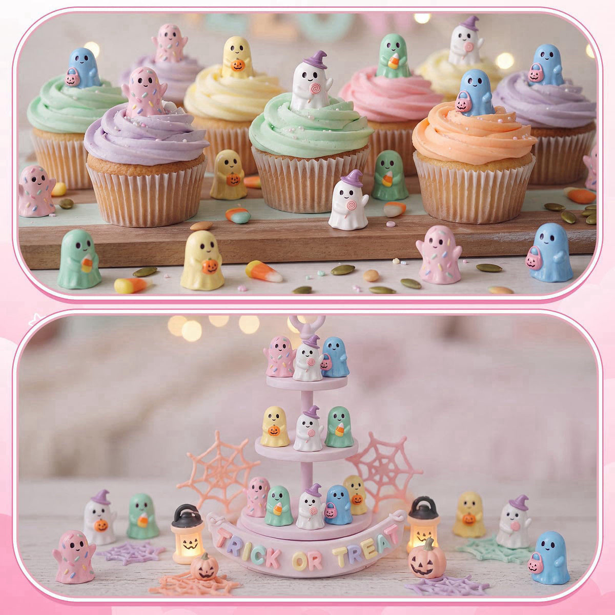 Qunclay 100 Pcs Halloween Ghosts Figurines Decor Pastel Tiny Resin Ghosts – back view and specifications