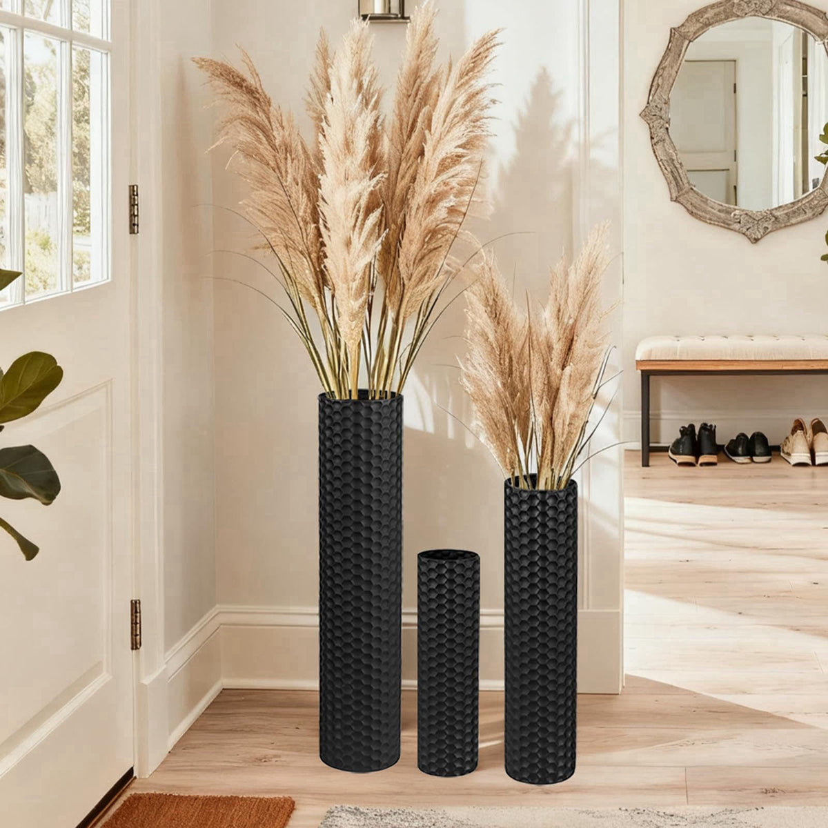 NOLIPED Black Tall Floor Vase - Set of 3 Large Metal Decorative Vases – Black Distressed Off-White White Distressed Brow