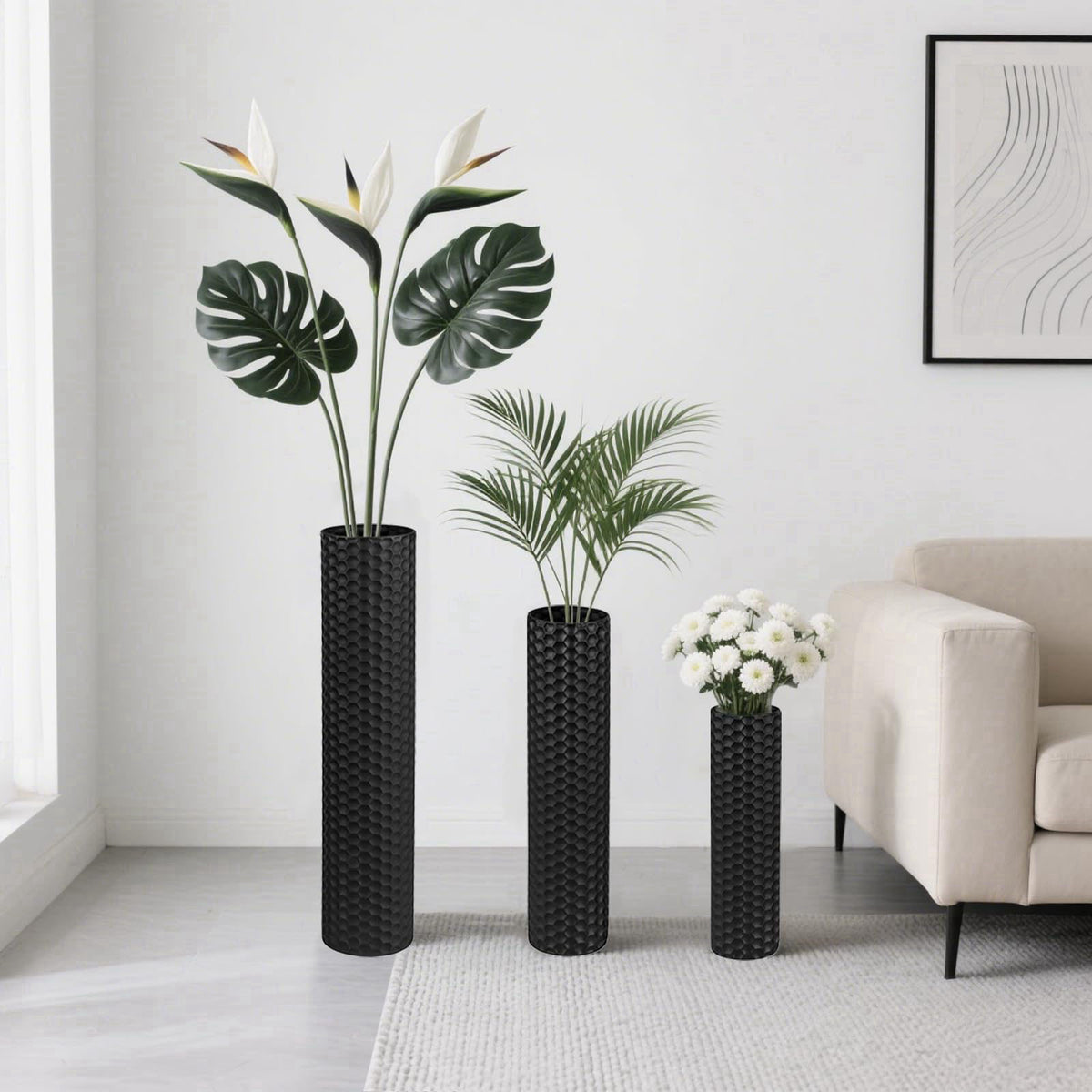 NOLIPED Black Tall Floor Vase - Set of 3 Large Metal Decorative Vases – packaging and label