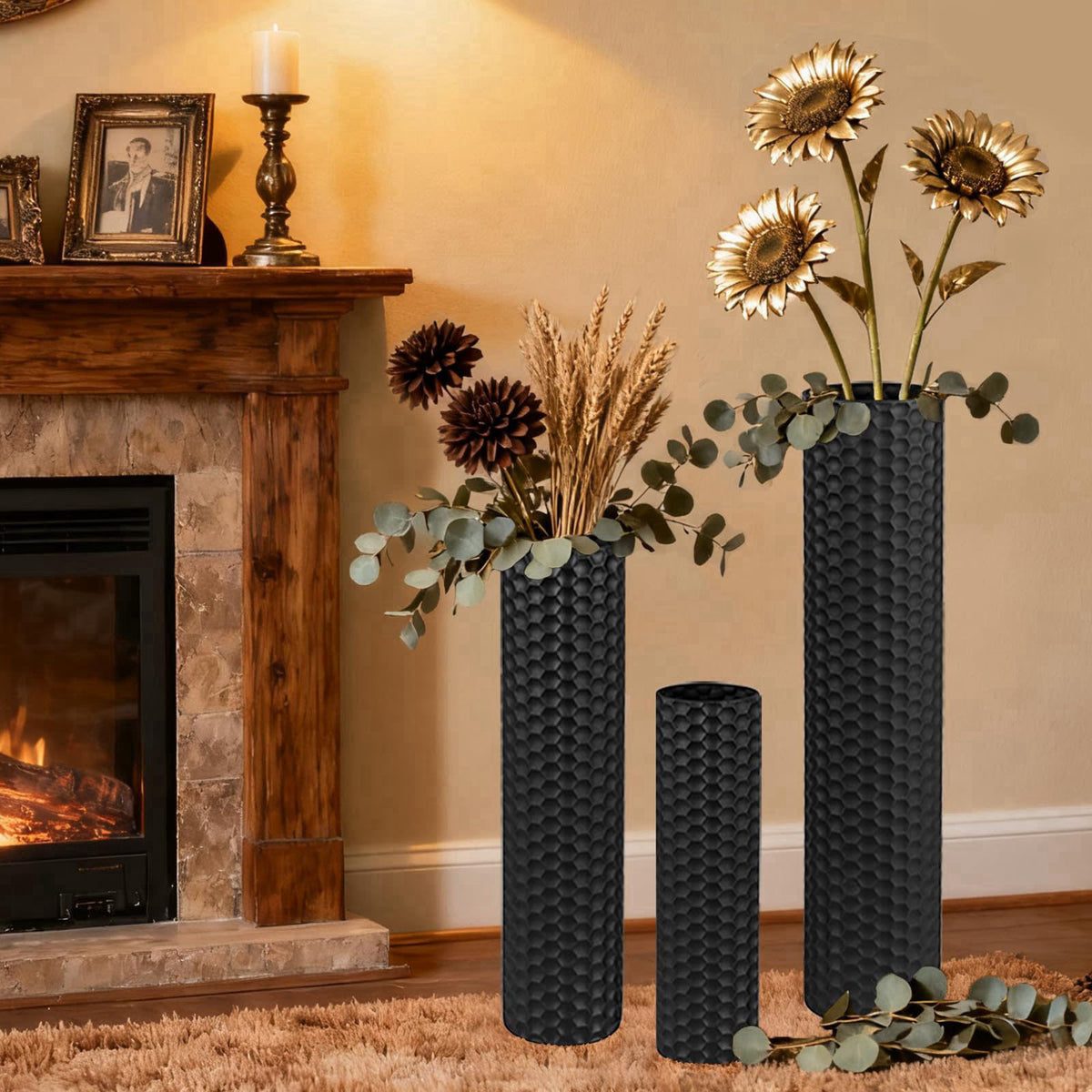 NOLIPED Black Tall Floor Vase - Set of 3 Large Metal Decorative Vases – full view