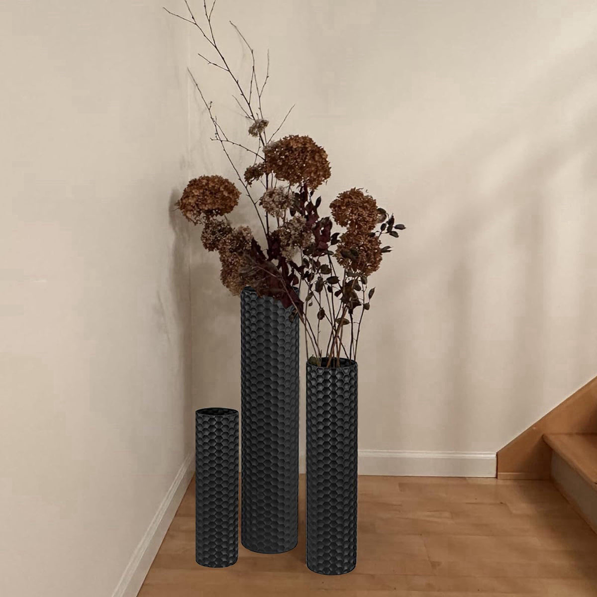 NOLIPED Black Tall Floor Vase - Set of 3 Large Metal Decorative Vases – back view and specifications
