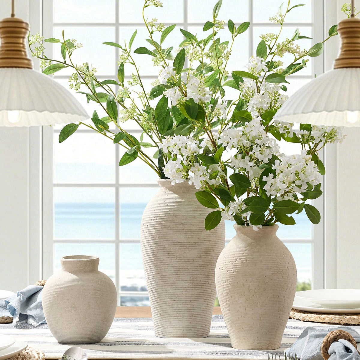 Vanselia Ceramic Flower Vase Home Decor - Large Farmhouse Table Vases Rustic Vintage Living Room Kitchen Bedroom Decorat