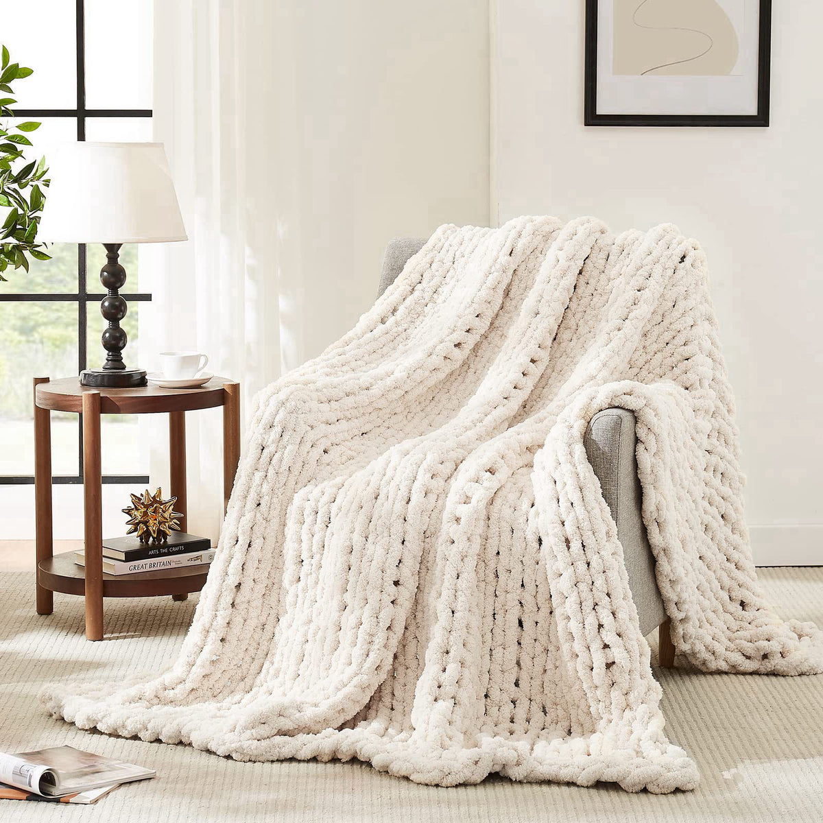 L'AGRATY Chunky Knit Throw Blanket for Couch, 50'' x 60'' Knit Throw, Ivory – product photo (Throws)