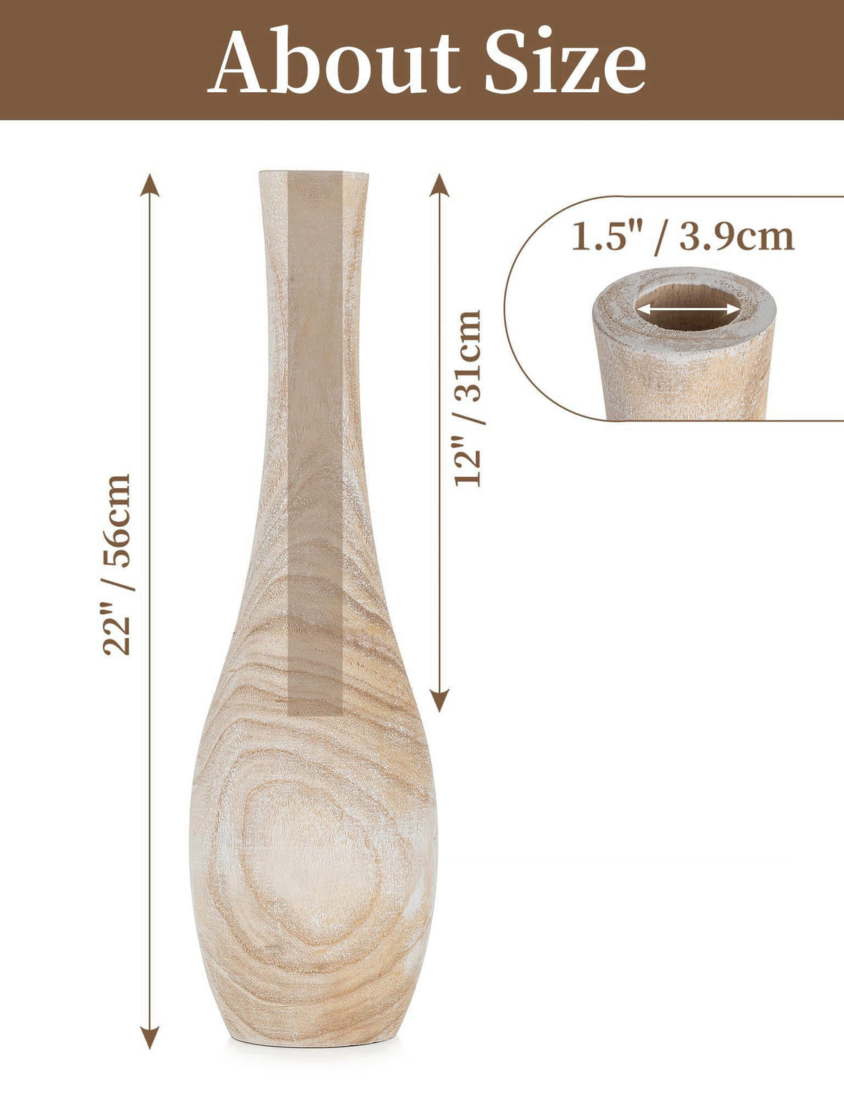 Hanobe 22" Tall Wood Floor Vase for Pampas Grass, Boho Farmhouse Style – close-up detail in Beige Beige Beige Matte 