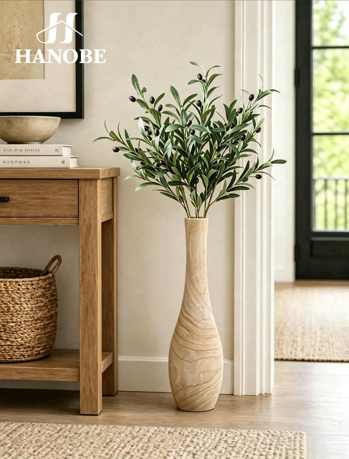 Hanobe 22" Tall Wood Floor Vase for Pampas Grass, Boho Farmhouse Style – packaging and label