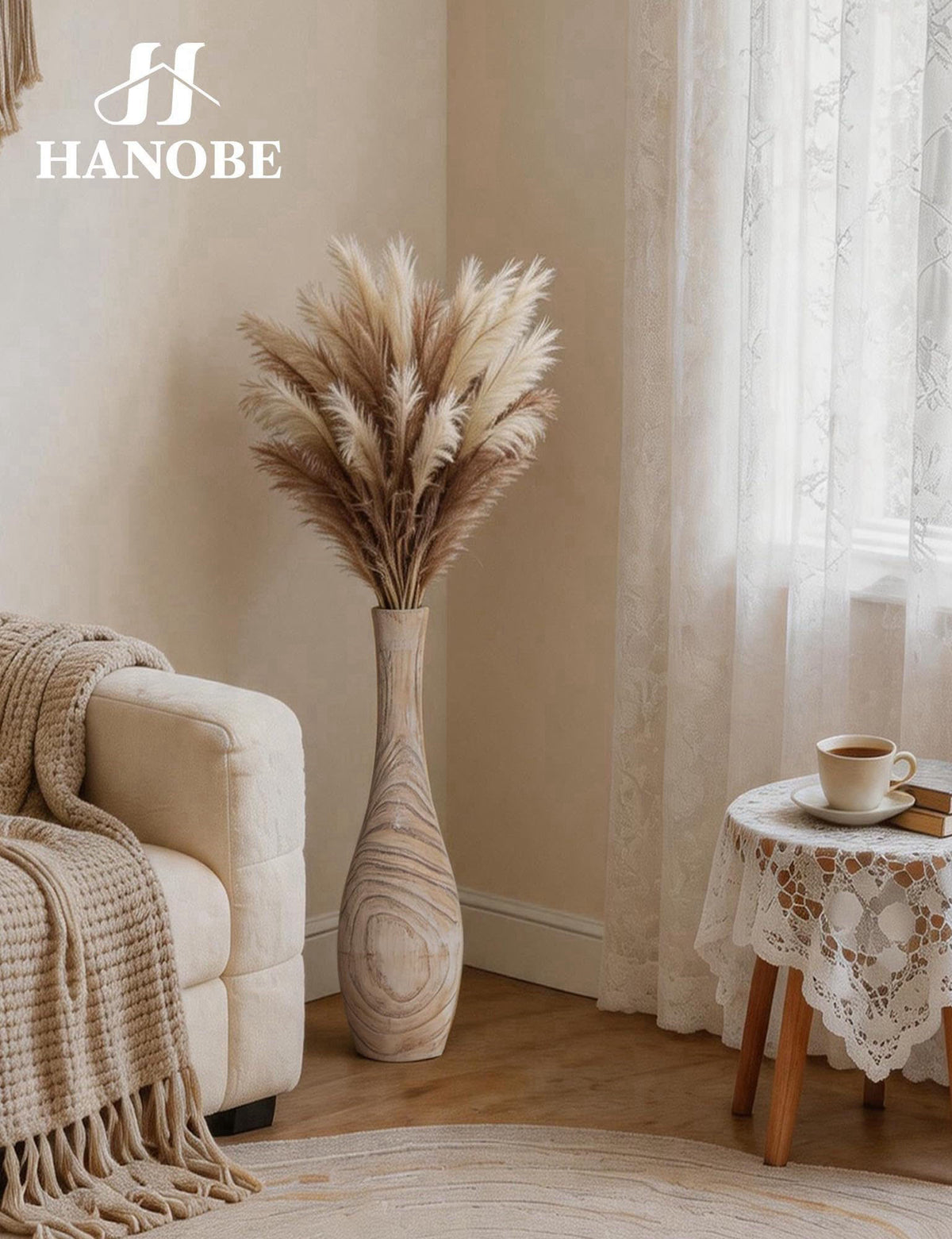 Hanobe 22" Tall Wood Floor Vase for Pampas Grass, Boho Farmhouse Style – full view