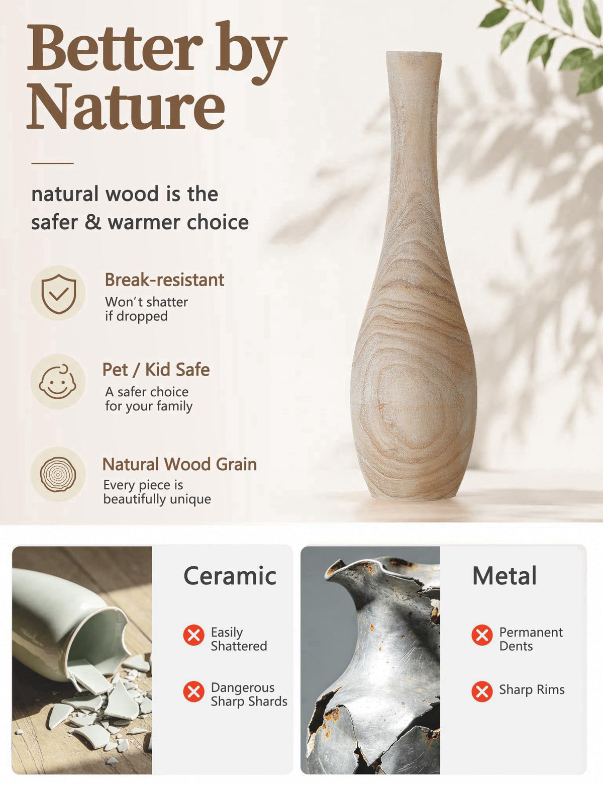 Hanobe 22" Tall Wood Floor Vase for Pampas Grass, Boho Farmhouse Style – back view and specifications