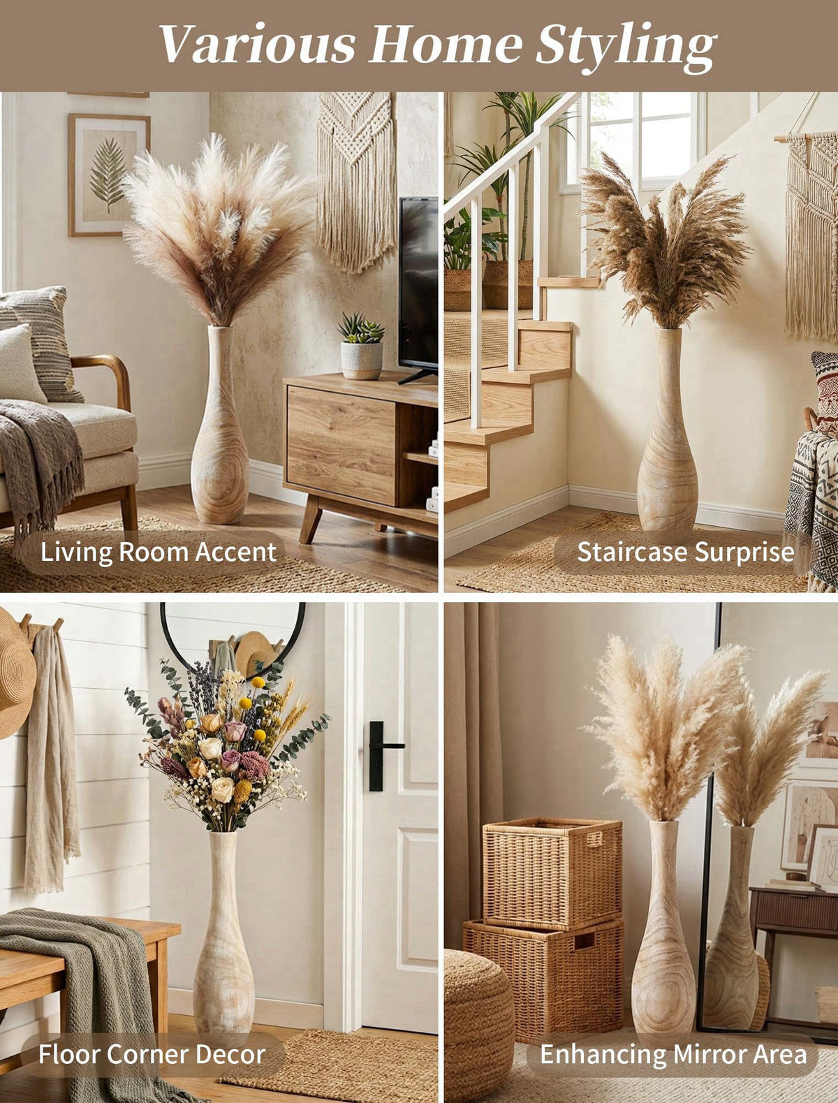 Hanobe 22" Tall Wood Floor Vase for Pampas Grass, Boho Farmhouse Style – alternate angle