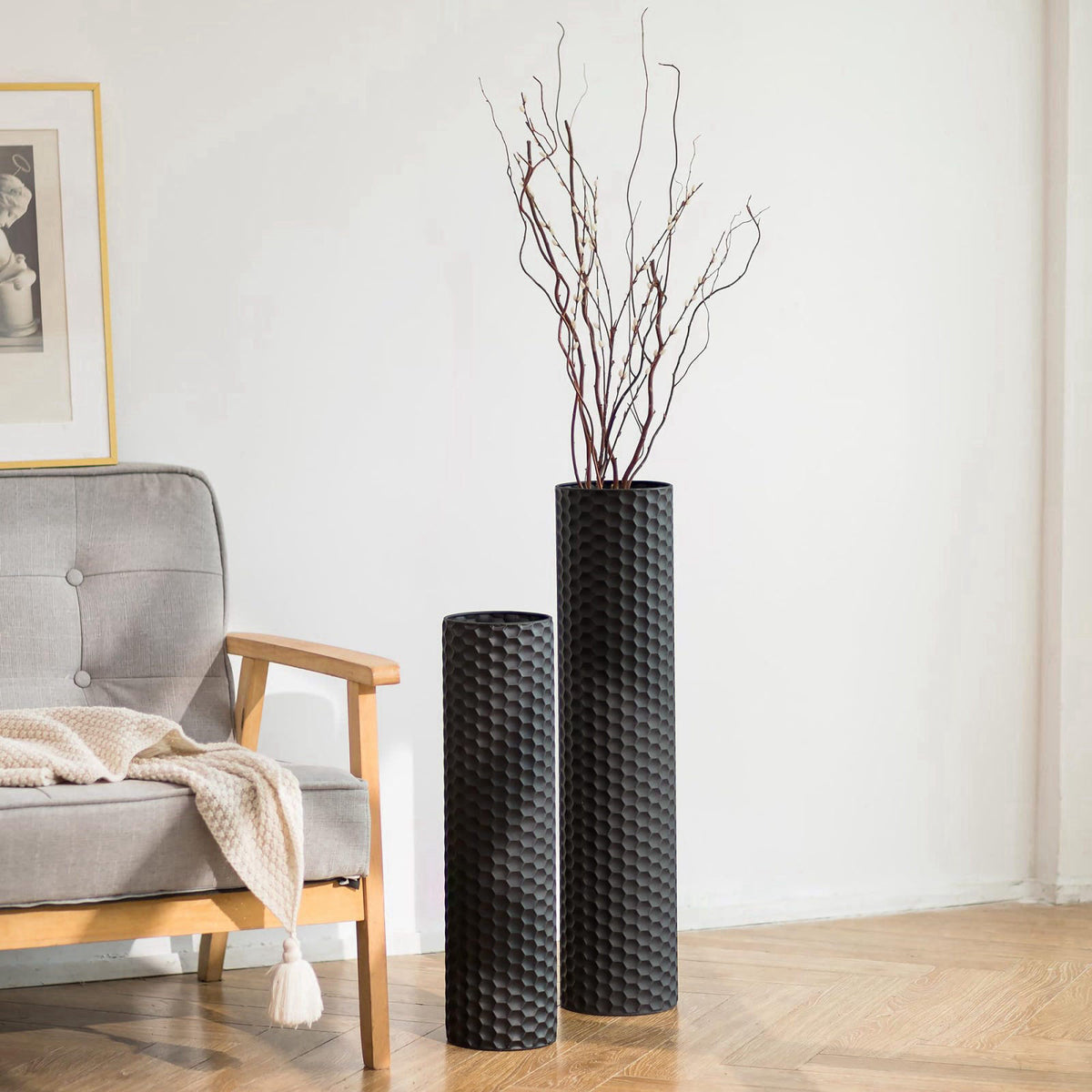 Sziqiqi Black Tall Floor Vase, Cylinder Metal Decorative Vase Set, 2Pcs – product photo (Vases)