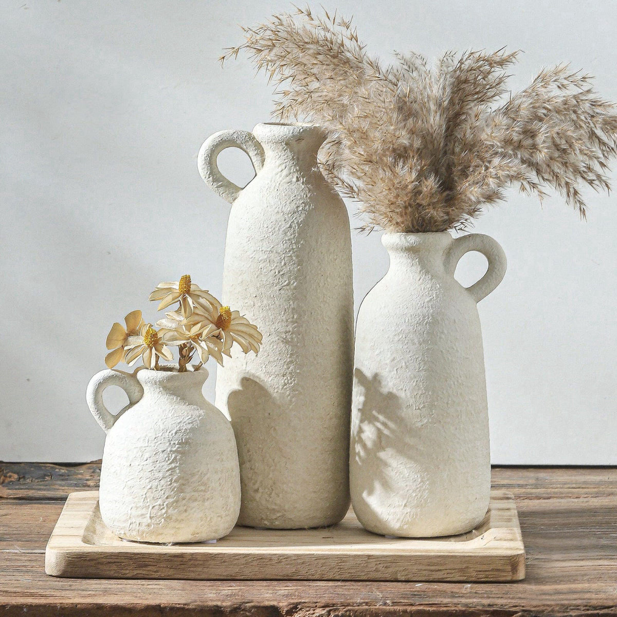 ooit Ceramic Vase Set of 3 with Handle, Neutral Rustic Vases Home Decor Farmhouse Decorative Vase Whitewashed Pottery De