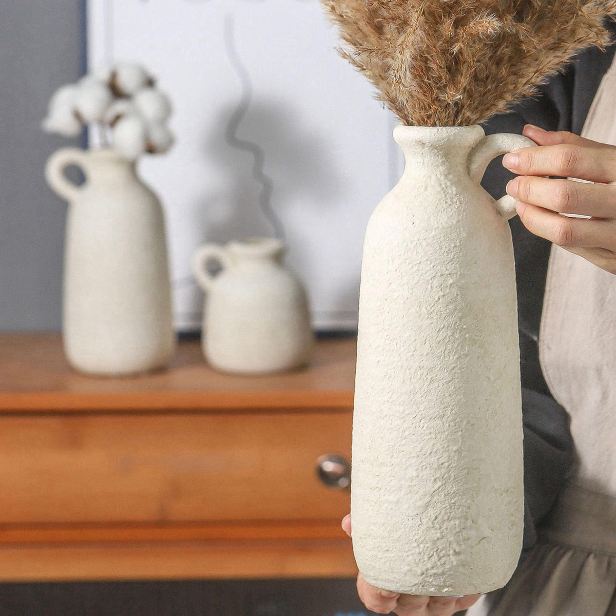 ooit Ceramic Vase Set of 3 with Handle, Neutral Rustic Vases Home Decor Farmhouse Decorative Vase Whitewashed Pottery De