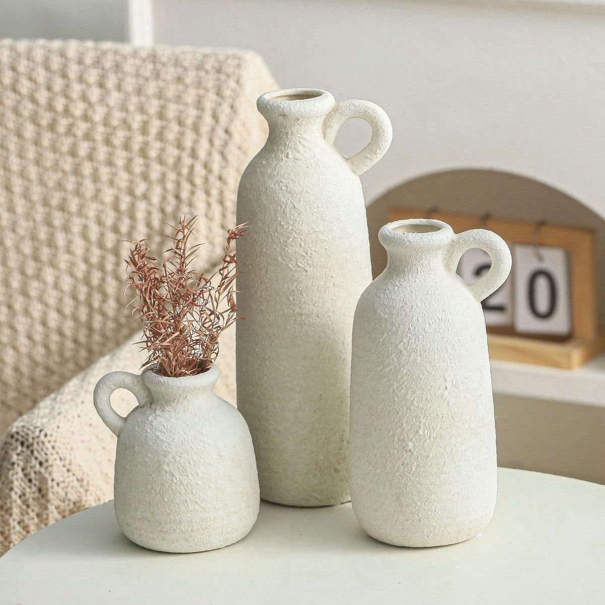 ooit Ceramic Vase Set of 3 with Handle, Neutral Rustic Vases Home Decor Farmhouse Decorative Vase Whitewashed Pottery De