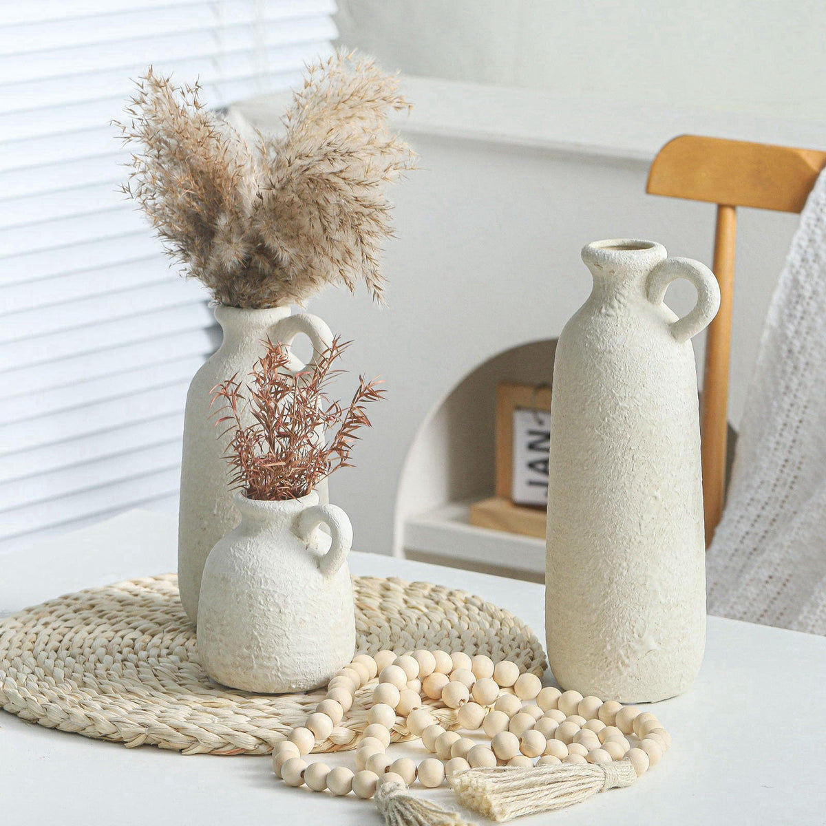 ooit Ceramic Vase Set of 3 with Handle, Neutral Rustic Vases Home Decor Farmhouse Decorative Vase Whitewashed Pottery De