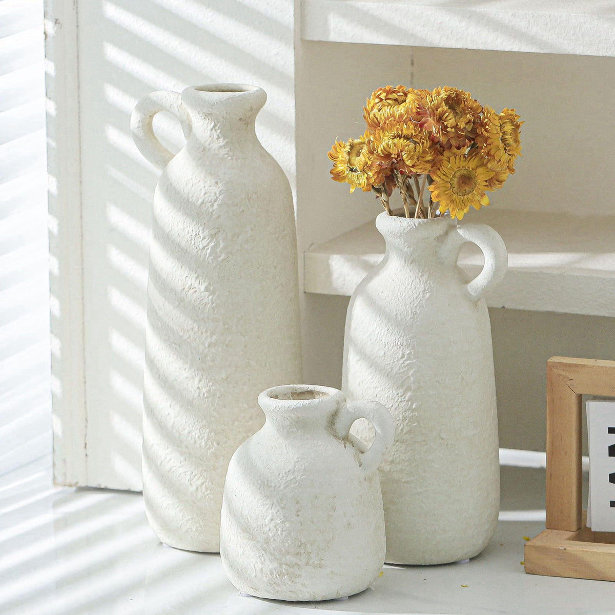 ooit Ceramic Vase Set of 3 with Handle, Neutral Rustic Vases Home Decor Farmhouse Decorative Vase Whitewashed Pottery De