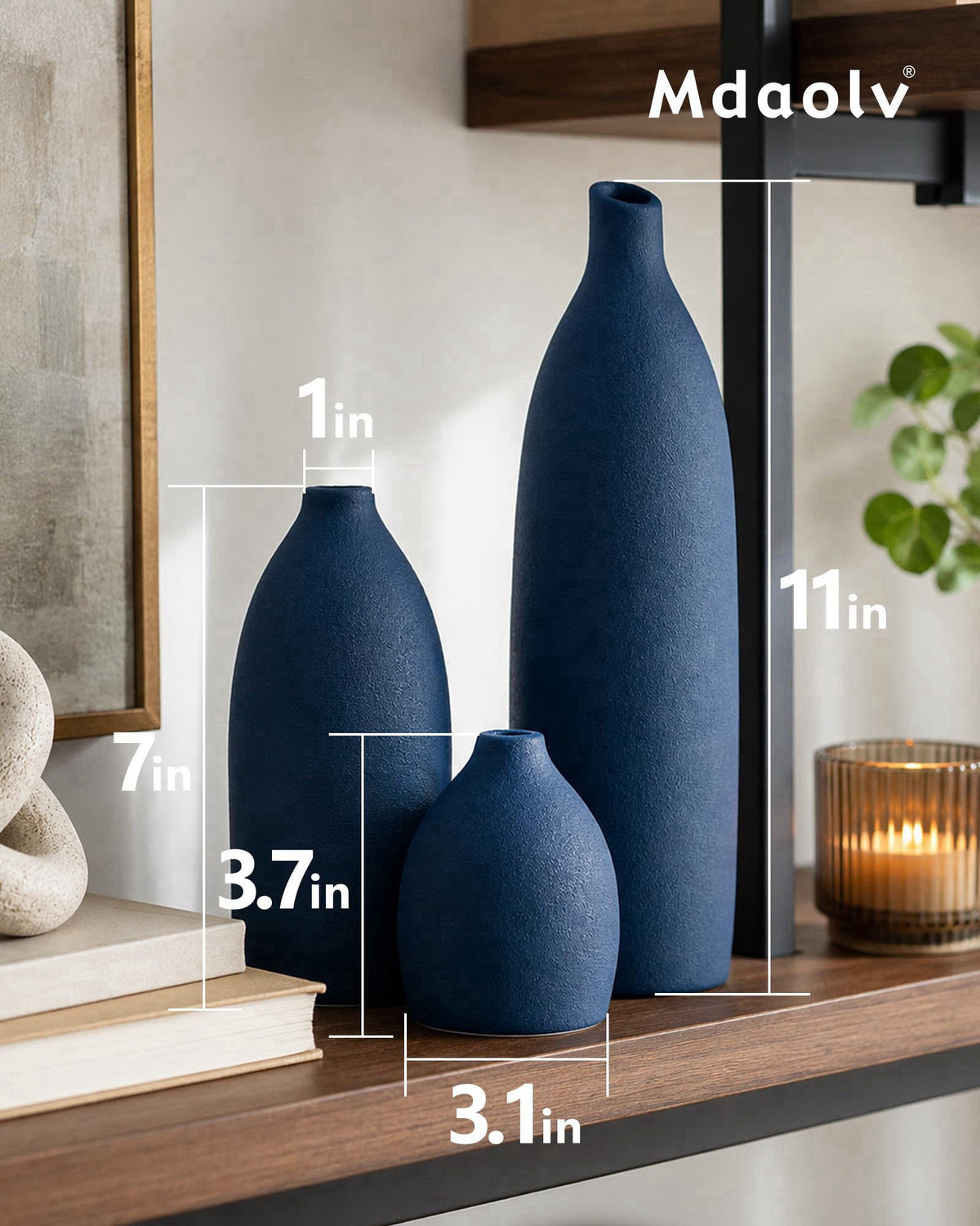 Mdaolv Matte Blue Vase Set Navy Blue Decor Coastal Decor Vases for Kitchen Island Living Room Office Table Fireplace Man