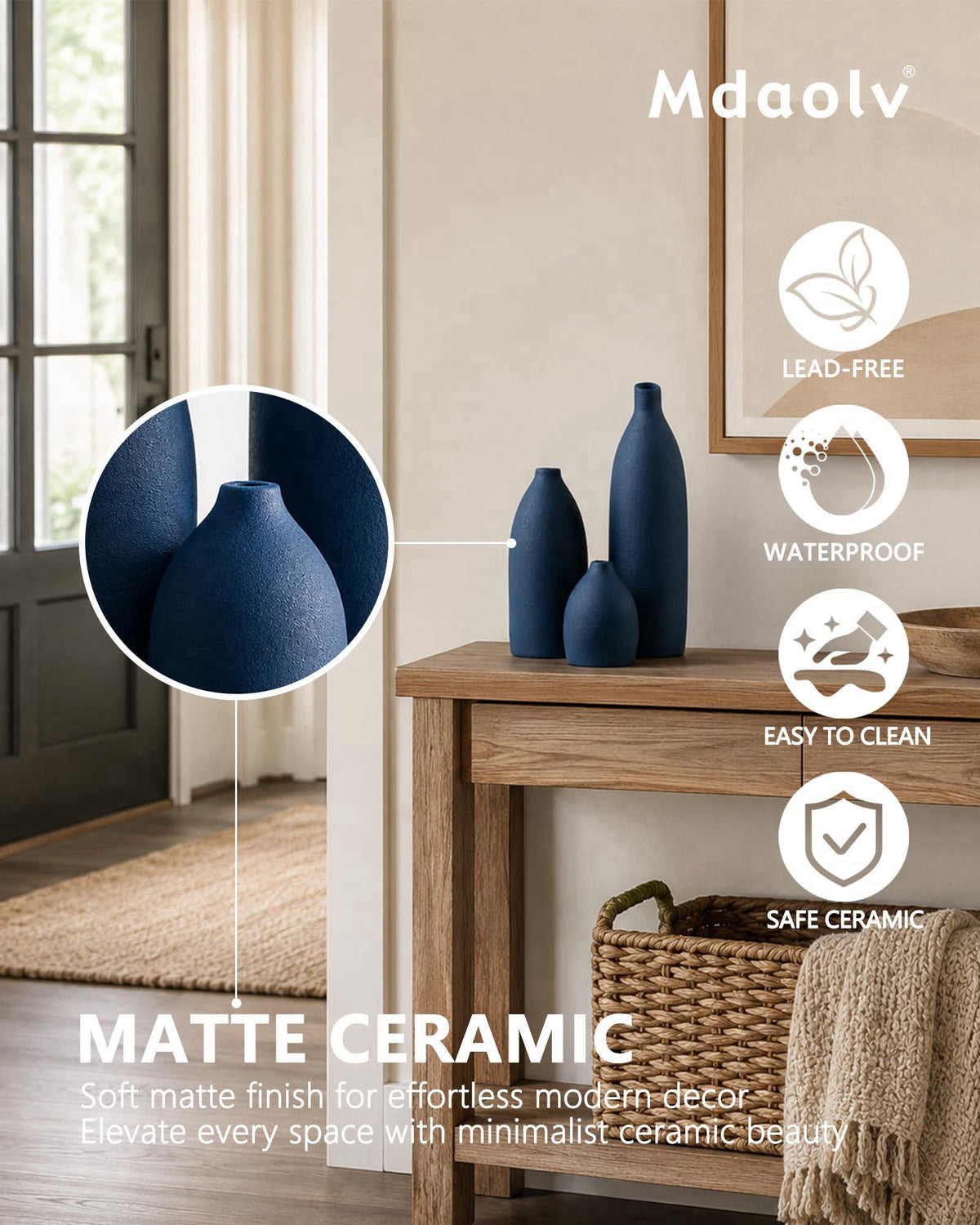 Mdaolv Matte Blue Vase Set Navy Blue Decor Coastal Decor Vases for Kitchen Island Living Room Office Table Fireplace Man