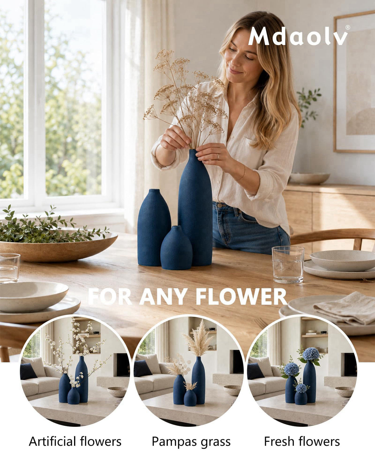 Mdaolv Matte Blue Vase Set Navy Blue Decor Coastal Decor Vases for Kitchen Island Living Room Office Table Fireplace Man