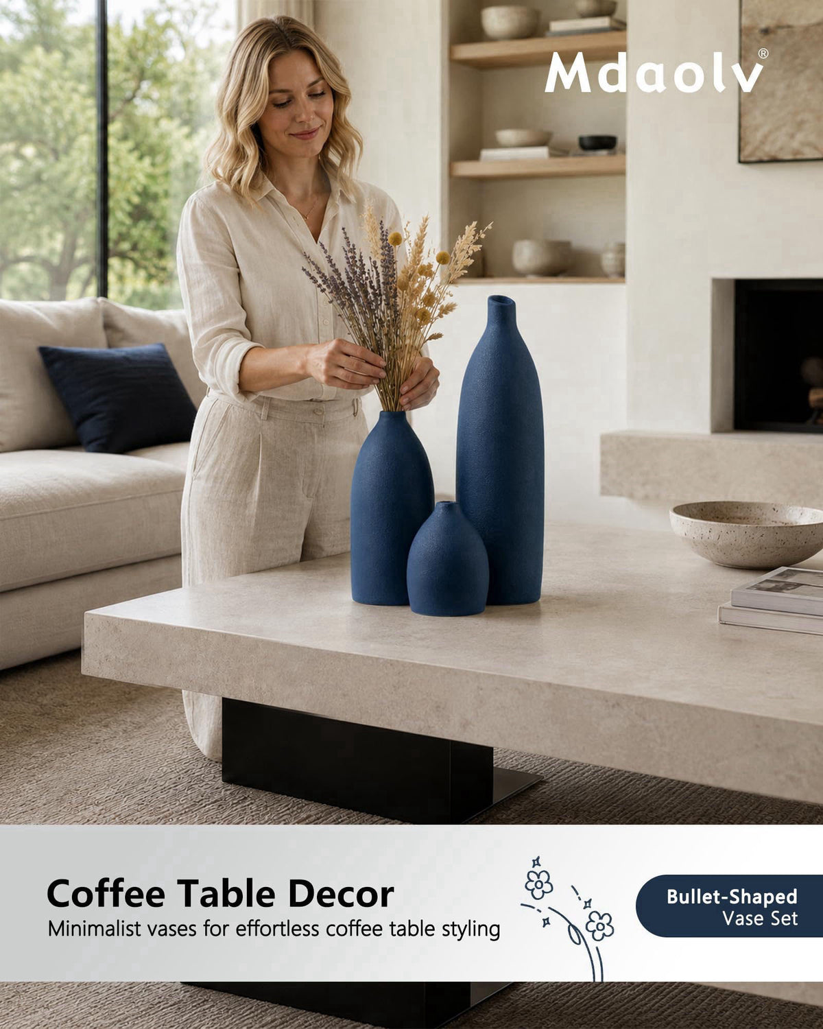 Mdaolv Matte Blue Vase Set Navy Blue Decor Coastal Decor Vases for Kitchen Island Living Room Office Table Fireplace Man