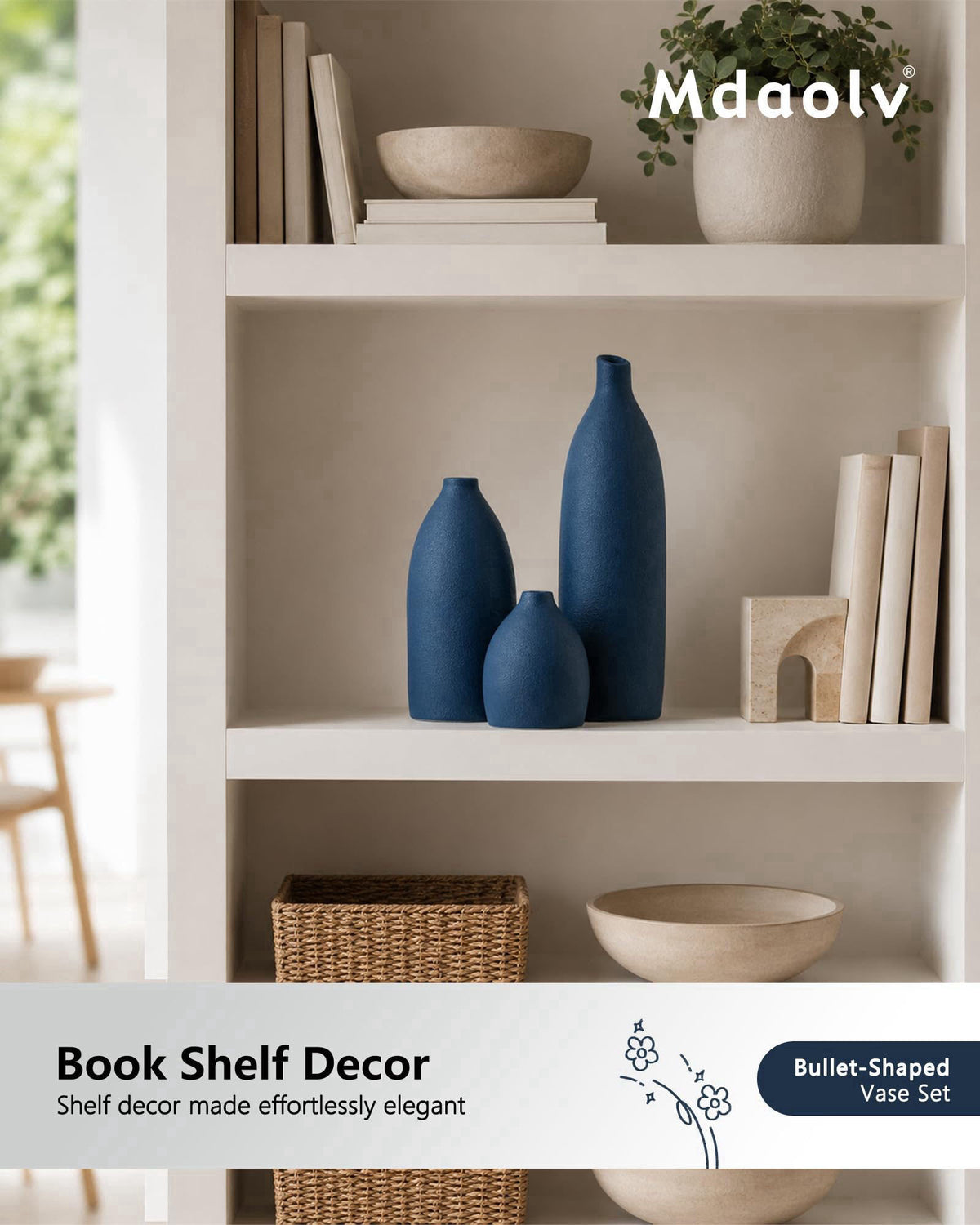 Mdaolv Matte Blue Vase Set Navy Blue Decor Coastal Decor Vases for Kitchen Island Living Room Office Table Fireplace Man