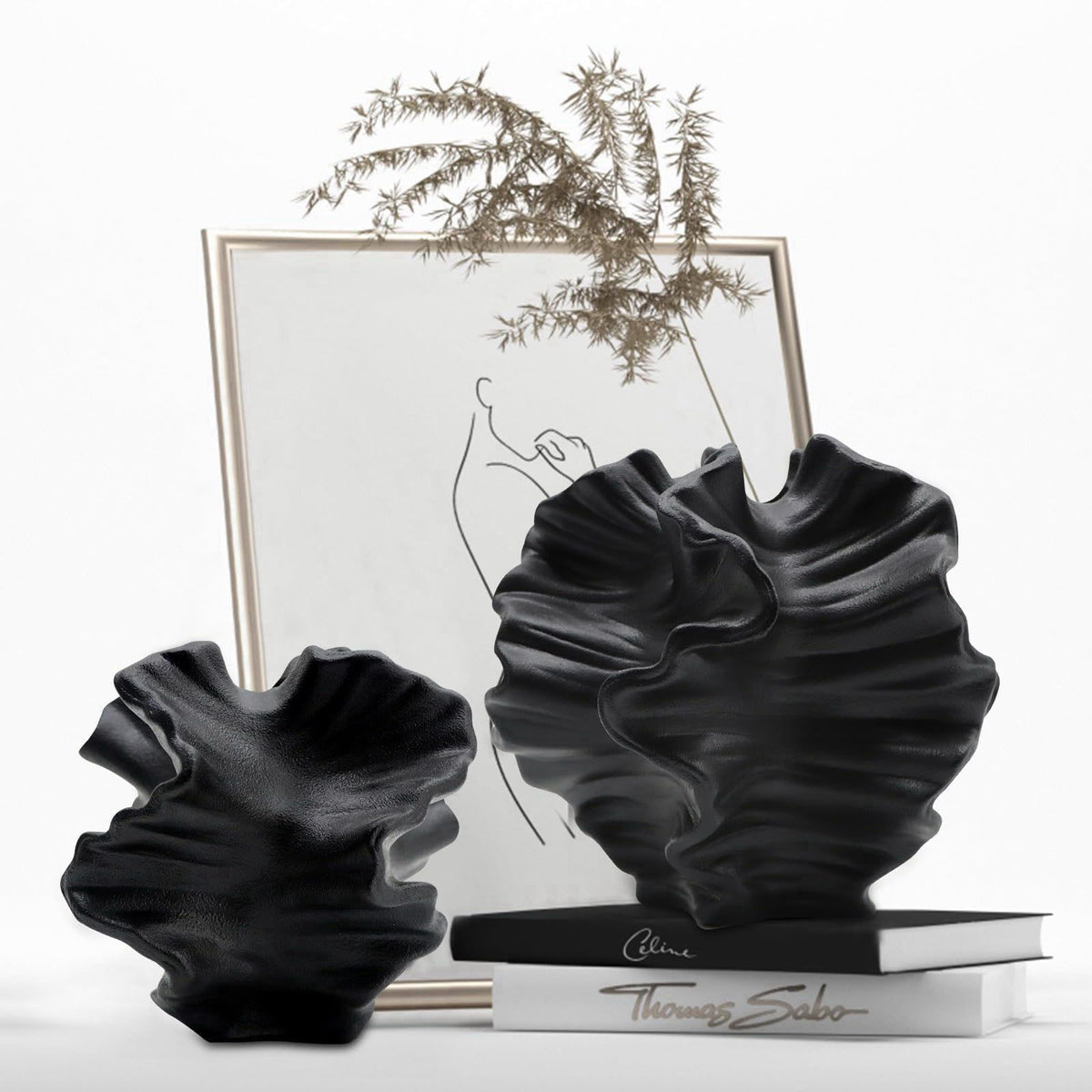 LZV Ceramic Vase - Set of 2 for Home Decor,Black Flower Shape Pampas Vases Minimalist Nordic Boho Style for Modern Farmh