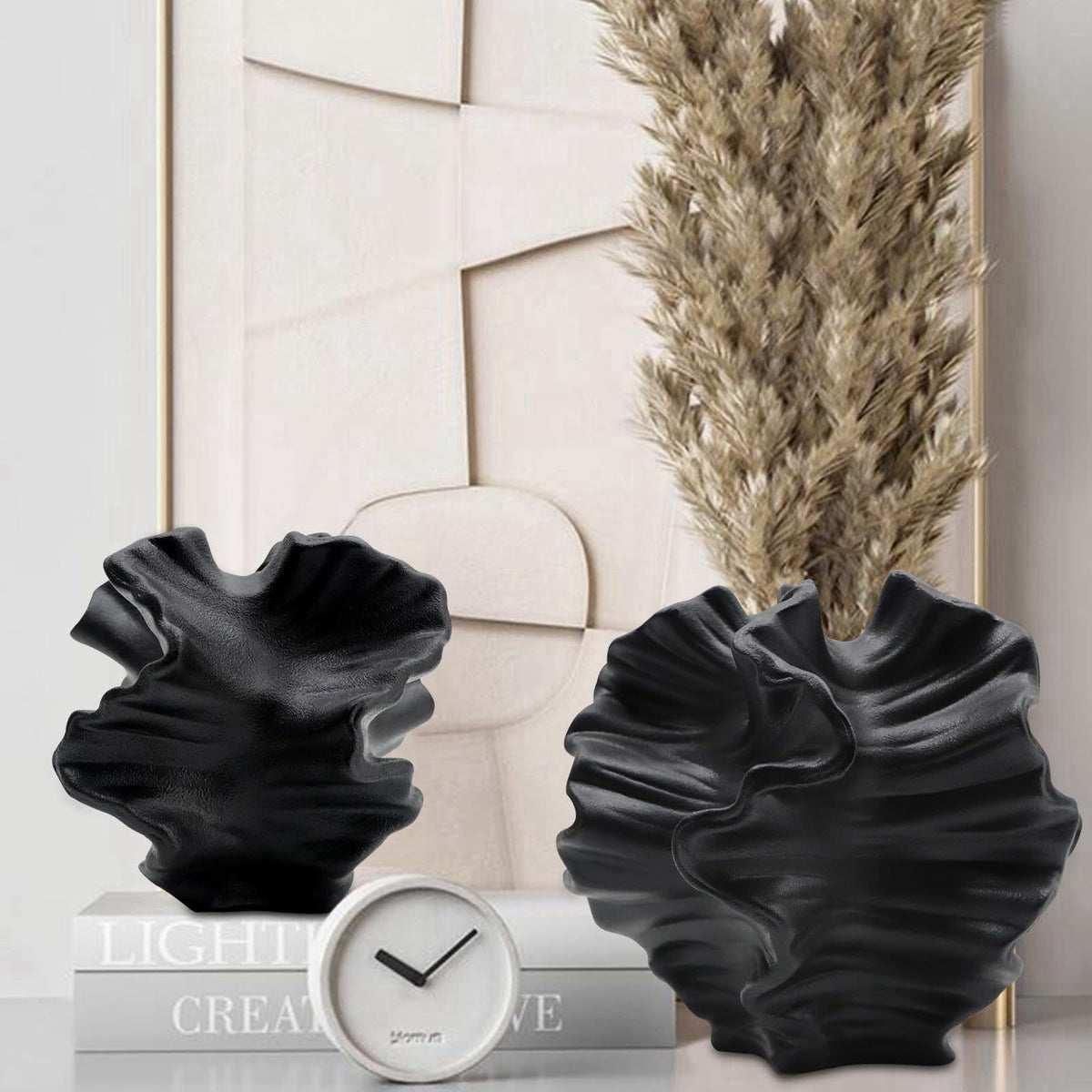 LZV Ceramic Vase - Set of 2 for Home Decor,Black Flower Shape Pampas Vases Minimalist Nordic Boho Style for Modern Farmh